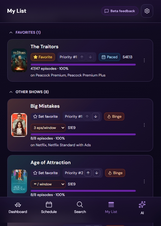 CouchTime My List with favorites, binge and paced modes, and streaming availability