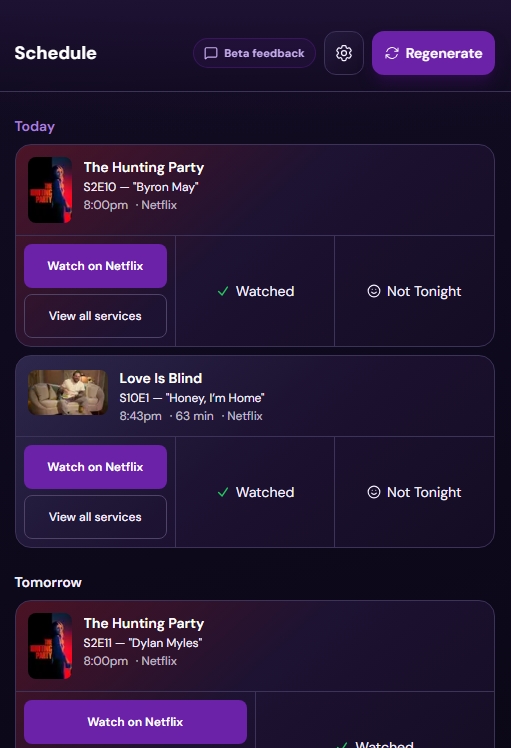 CouchTime schedule grouped by today and tomorrow with watch buttons